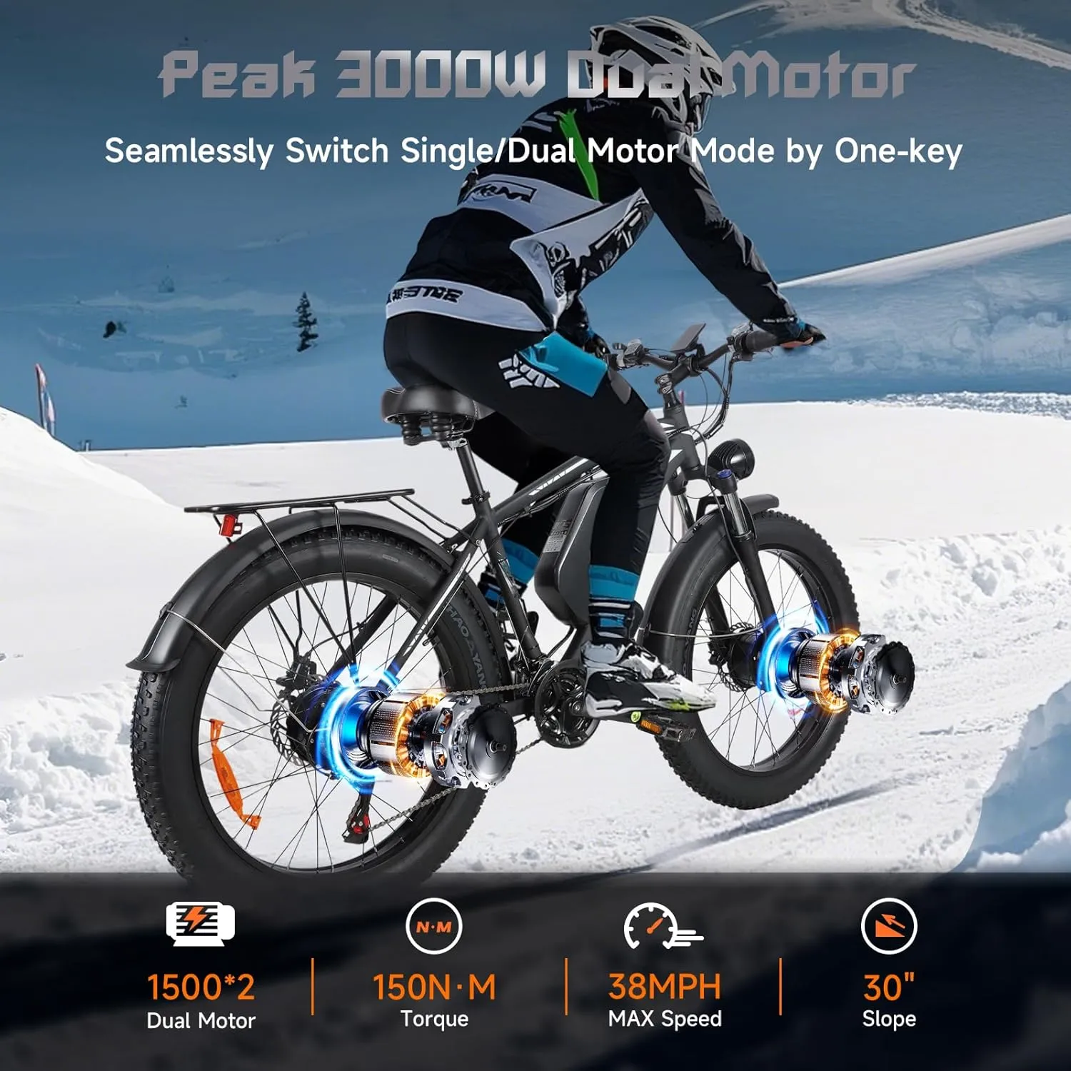 3000W Dual Motor Ebike for Adults, Full Suspension Electric Mountain Dirt Bike 26 * 4" Fat Tire Bicycle for Mountain, Snow, Forest, All Terrain