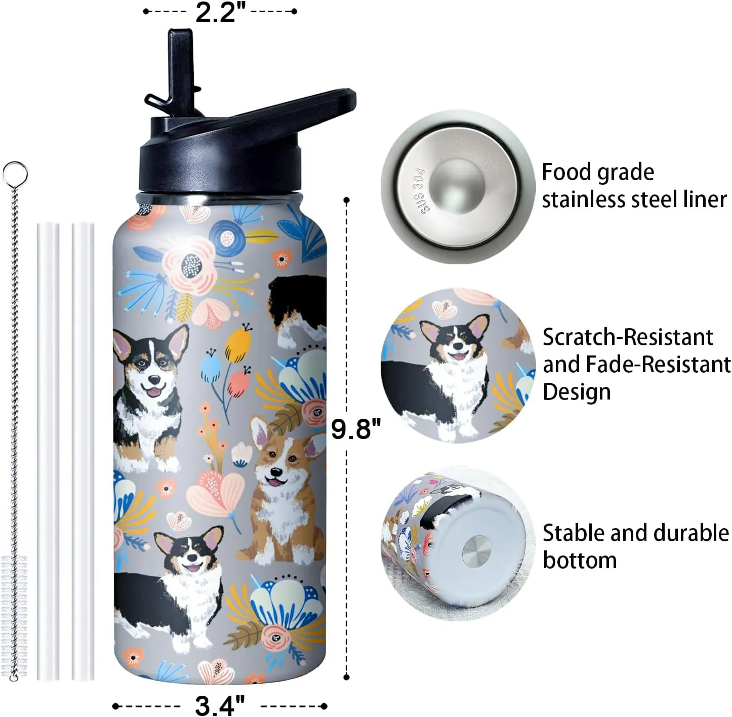 32 oz Corgi Water Bottle Cute Dog Tumbler Corgi Gifts Insulated Water bottle with Straws and Flip Lid Stainless Steel Dog Travel Cup
