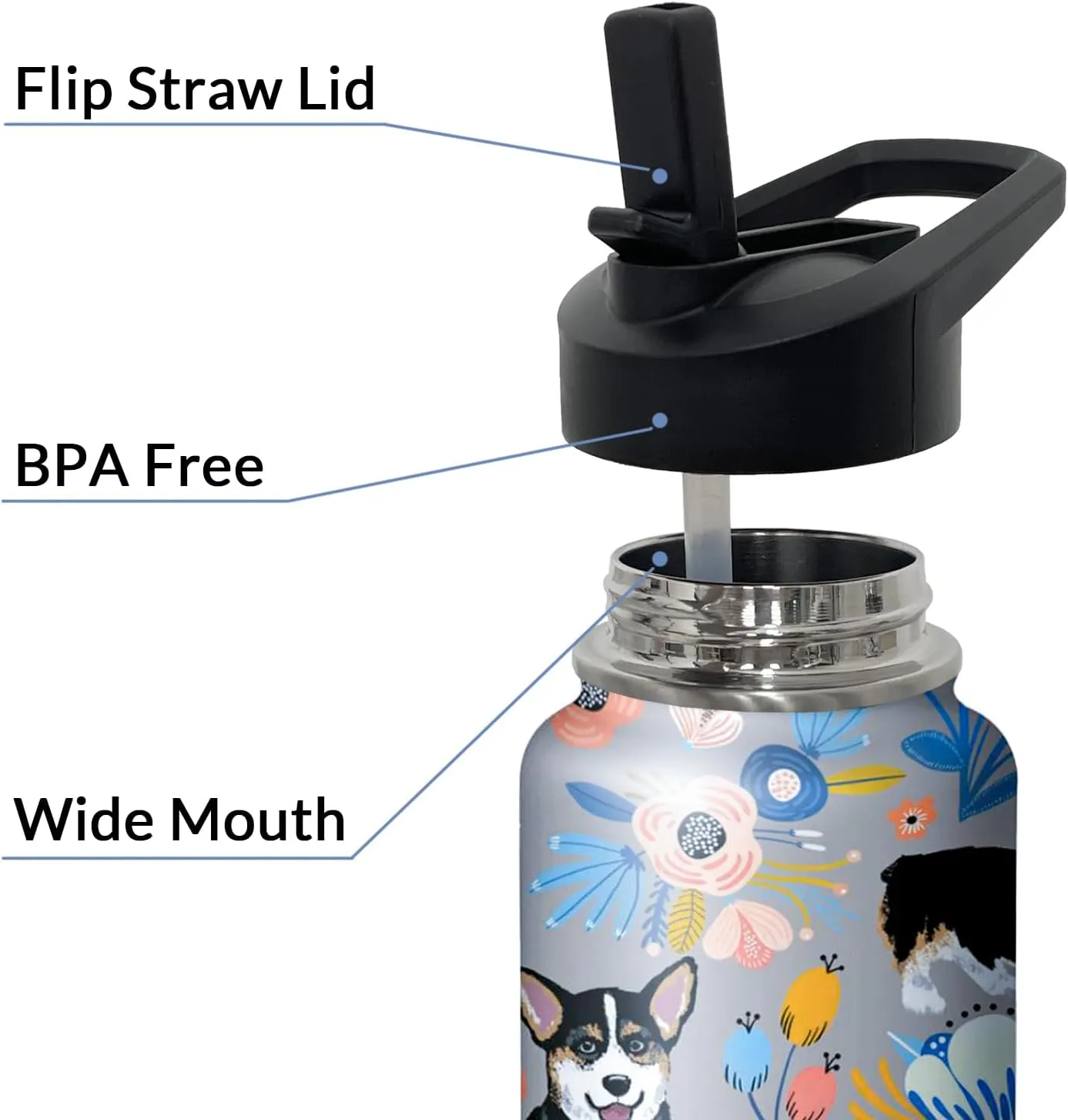 32 oz Corgi Water Bottle Cute Dog Tumbler Corgi Gifts Insulated Water bottle with Straws and Flip Lid Stainless Steel Dog Travel Cup