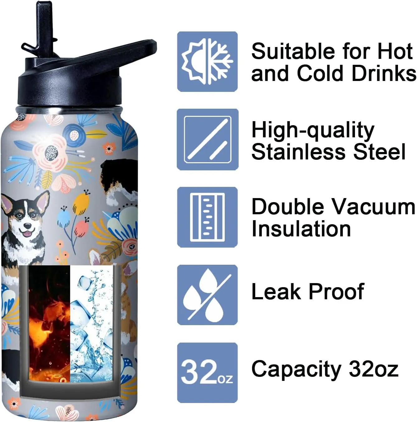 32 oz Corgi Water Bottle Cute Dog Tumbler Corgi Gifts Insulated Water bottle with Straws and Flip Lid Stainless Steel Dog Travel Cup