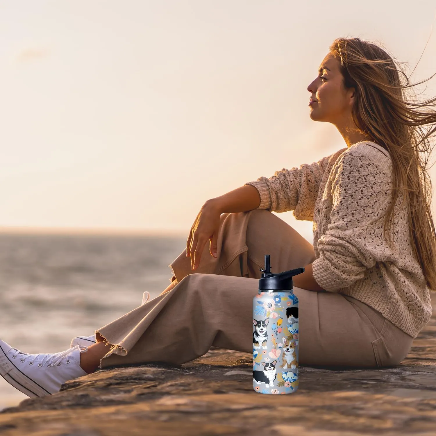 32 oz Corgi Water Bottle Cute Dog Tumbler Corgi Gifts Insulated Water bottle with Straws and Flip Lid Stainless Steel Dog Travel Cup