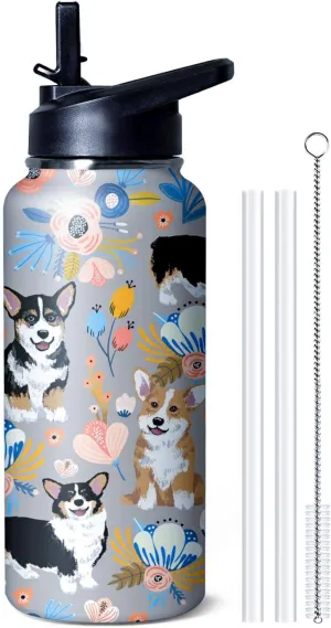 32 oz Corgi Water Bottle Cute Dog Tumbler Corgi Gifts Insulated Water bottle with Straws and Flip Lid Stainless Steel Dog Travel Cup