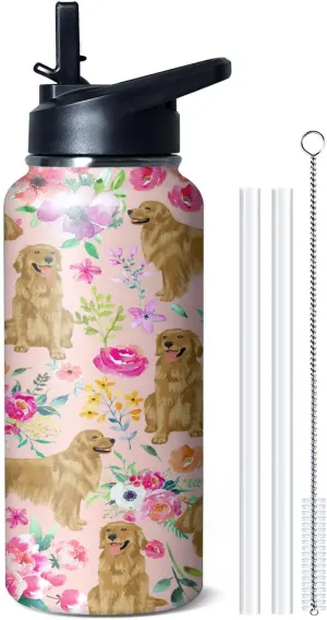 32 oz Golden Retriever Water Bottle Cute Dog Tumbler Golden Retriever Gifts Insulated Water Bottle with Straws and Flip Lid Stainless Steel Dog Travel Cup