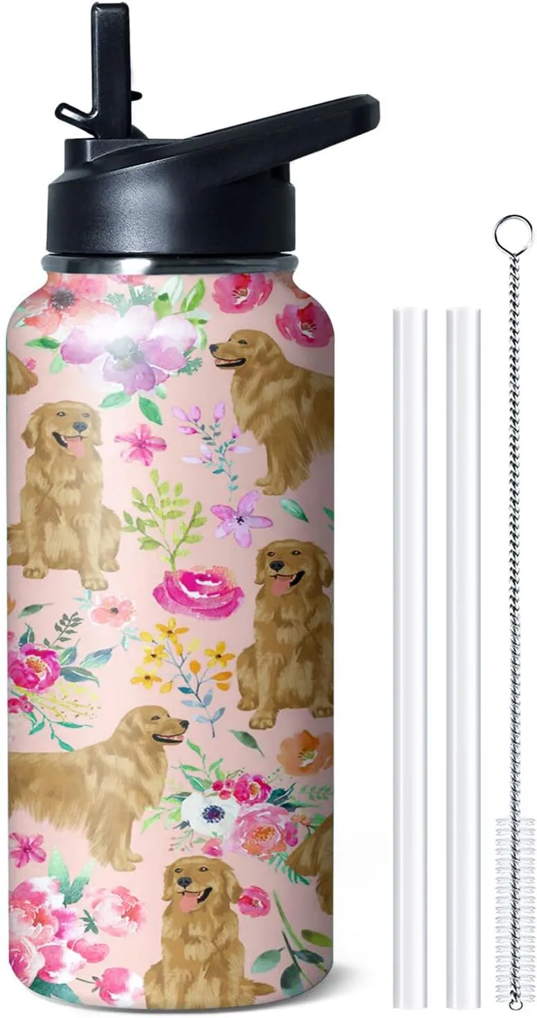 32 oz Golden Retriever Water Bottle Cute Dog Tumbler Golden Retriever Gifts Insulated Water Bottle with Straws and Flip Lid Stainless Steel Dog Travel Cup