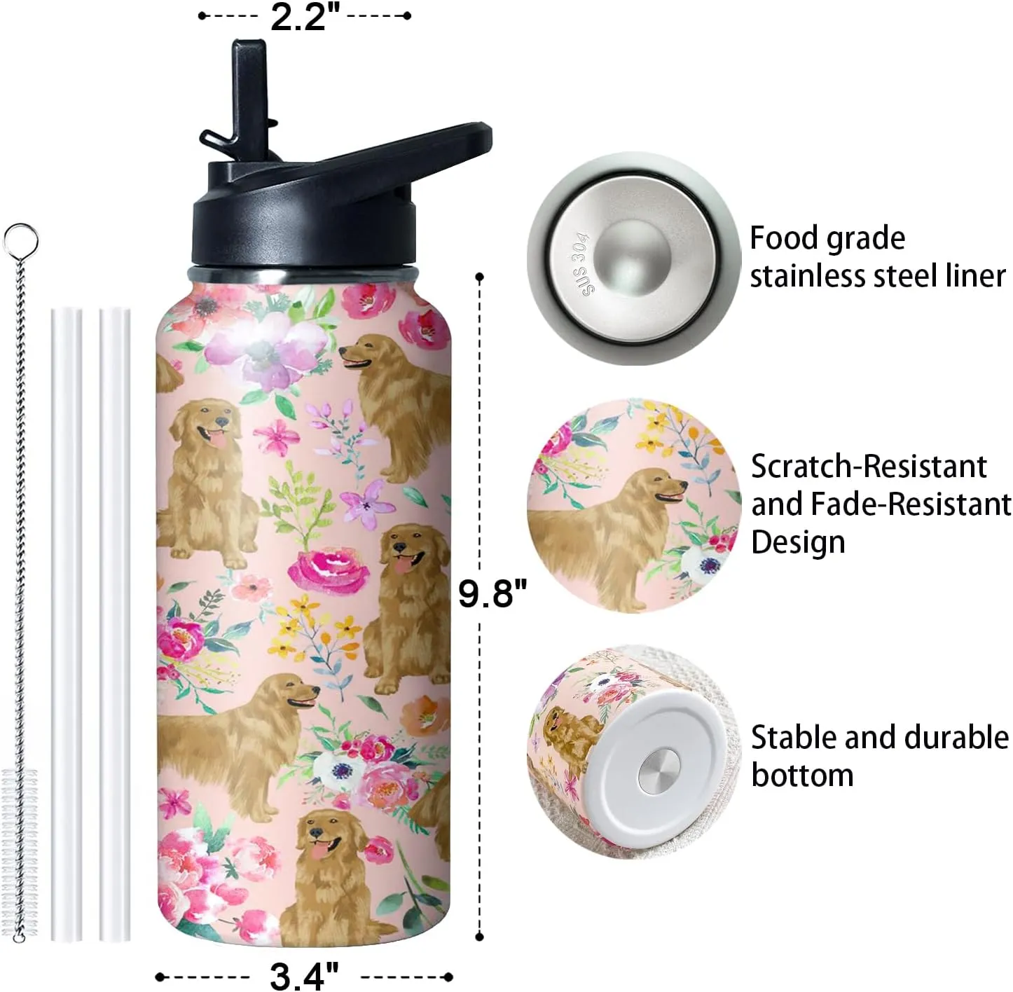32 oz Golden Retriever Water Bottle Cute Dog Tumbler Golden Retriever Gifts Insulated Water Bottle with Straws and Flip Lid Stainless Steel Dog Travel Cup
