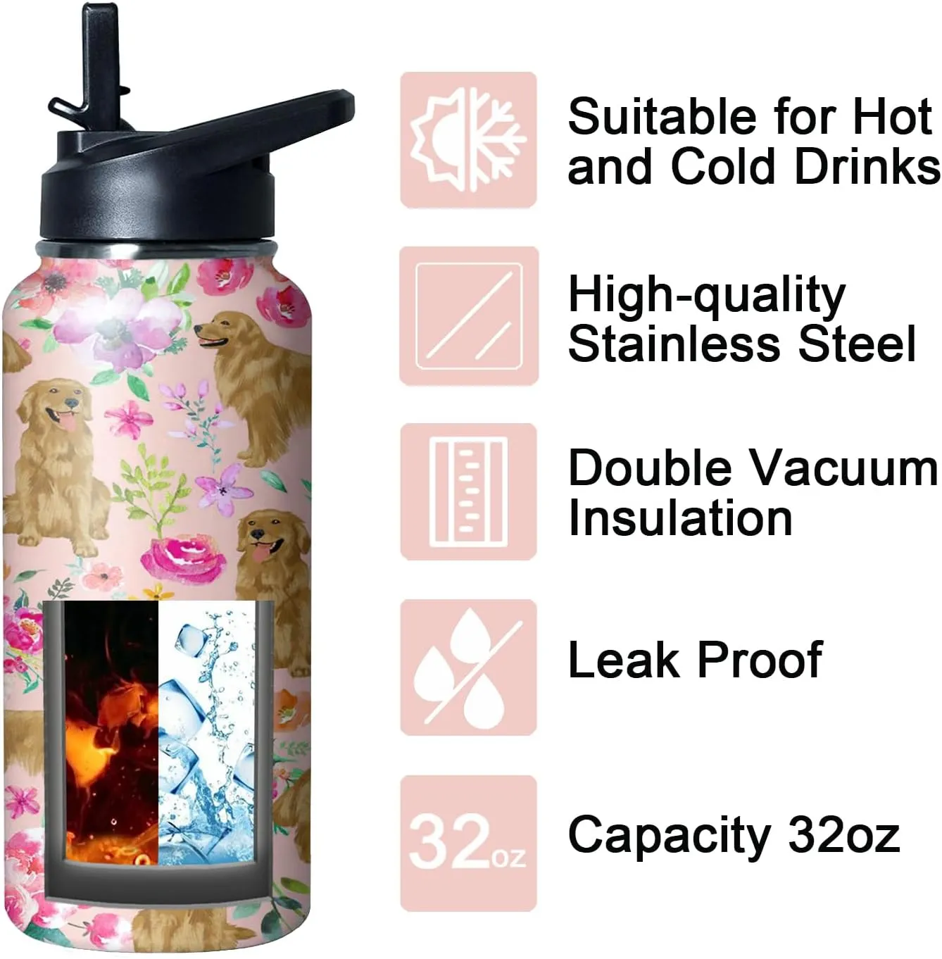 32 oz Golden Retriever Water Bottle Cute Dog Tumbler Golden Retriever Gifts Insulated Water Bottle with Straws and Flip Lid Stainless Steel Dog Travel Cup