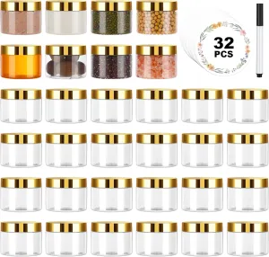 32 Pack 5 oz Plastic Jars with Gold Lids, Clear Empty Body Butter Containers Travel Size Cosmetic Bottles for Make Up and Food Storage