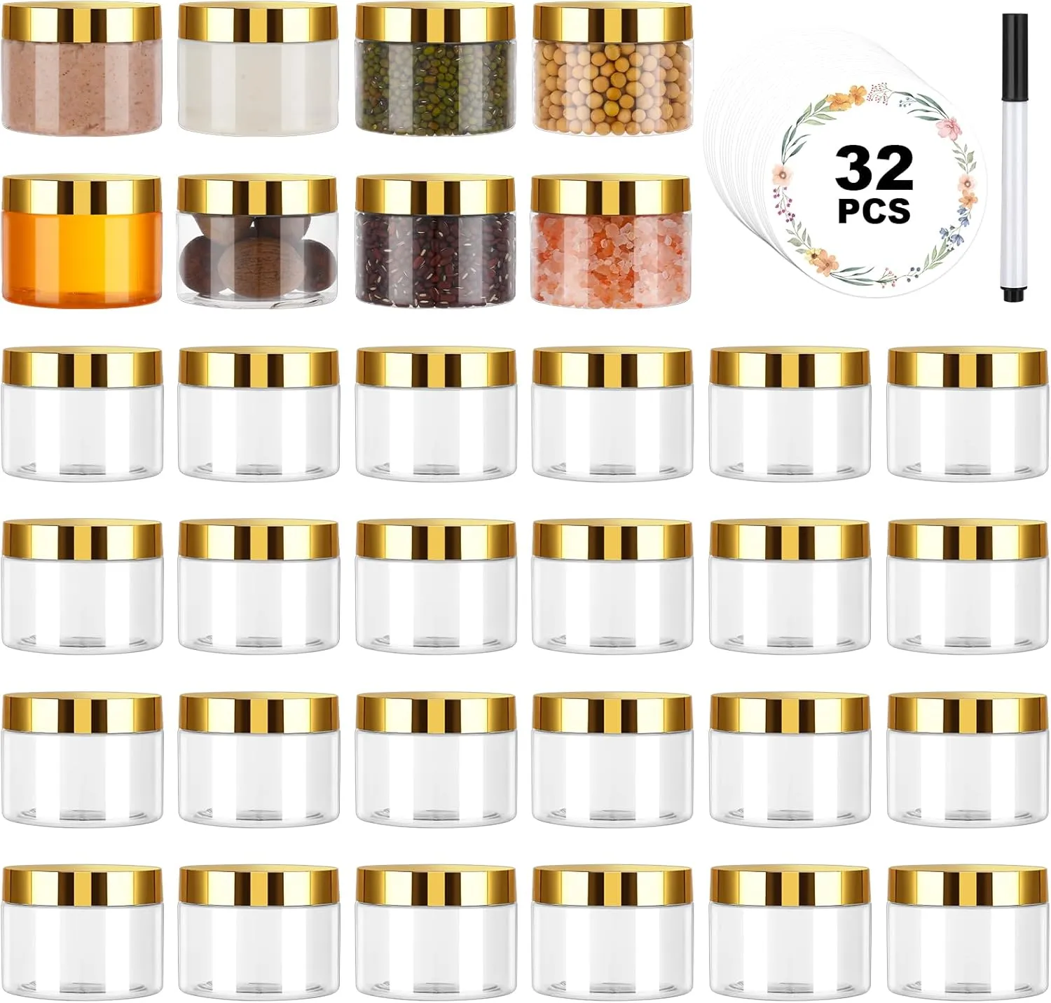 32 Pack 5 oz Plastic Jars with Gold Lids, Clear Empty Body Butter Containers Travel Size Cosmetic Bottles for Make Up and Food Storage