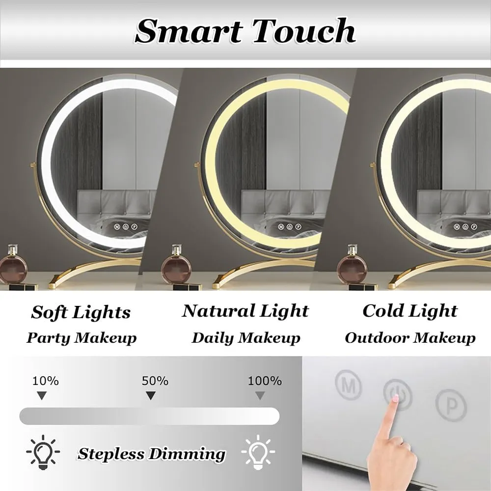 360 Rotating Decorative Cosmetic Mirror, Smart Control, Adjustable Warm White/Natural/Daylight(Black,Small)