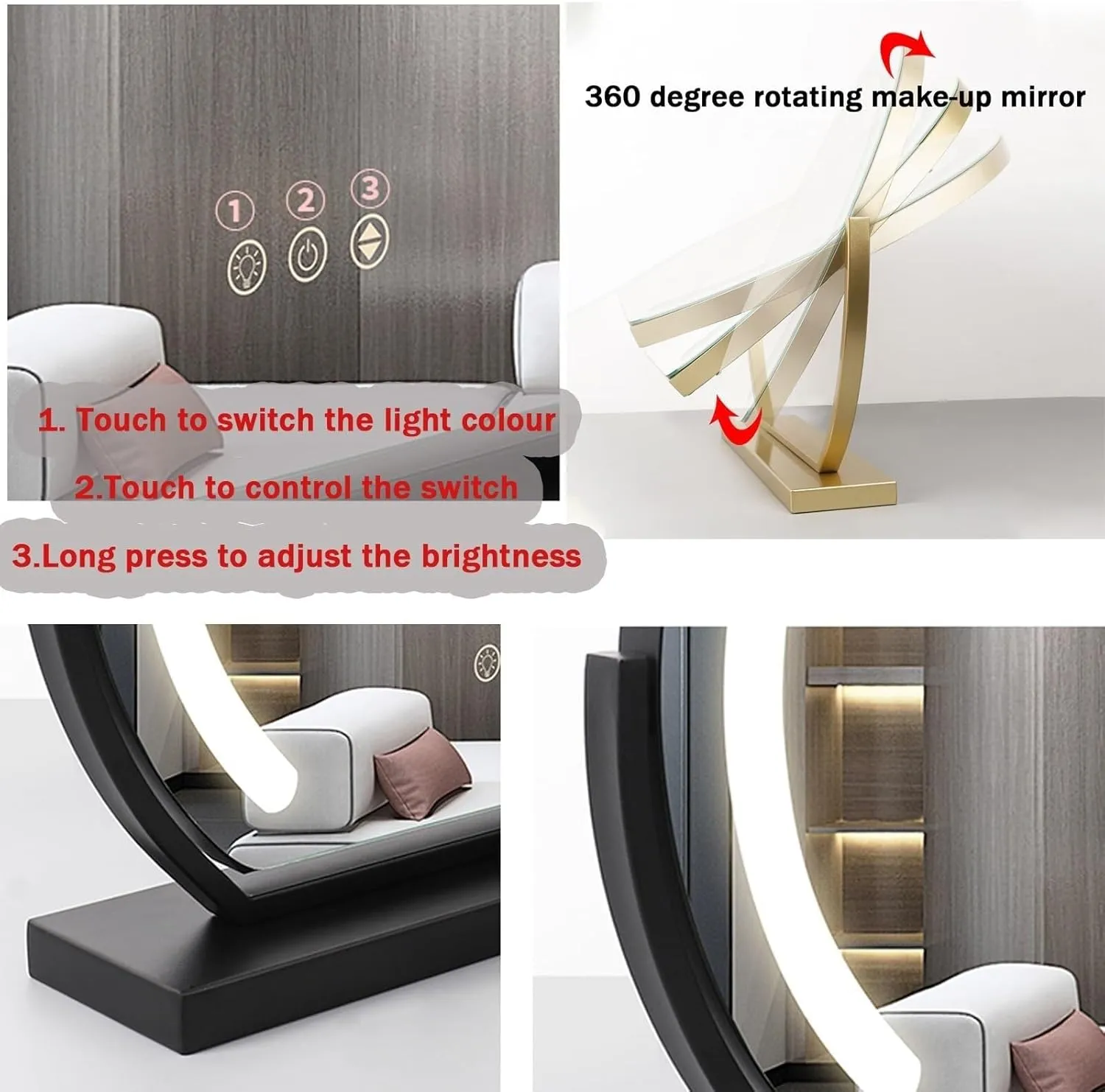 360° Rotating Lighted Makeup Mirror with Smart Touch Control - Round Vanity Mirror for Dressing Room & Bedroom (Black)