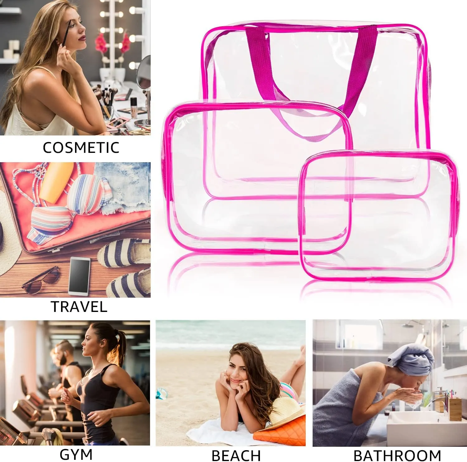 3pcs TSA Approved Clear Toiletry Bag, Crystal Clear Travel Bag PVC Cosmetic Bag, Travel Accessories Clear Makeup Bags Set Carry on Airport Airline Compliant Bag Luggage Pouch with Zipper Handle Women