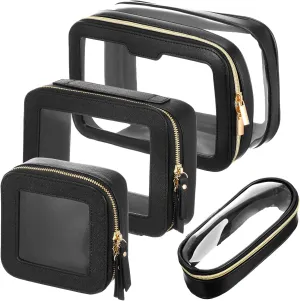 4 Pcs Clear Makeup Bags for Women Travel Cosmetic Case Leather Toiletry Bags Makeup Brush Case Waterproof White Organizer Storage for Women Men (Black)