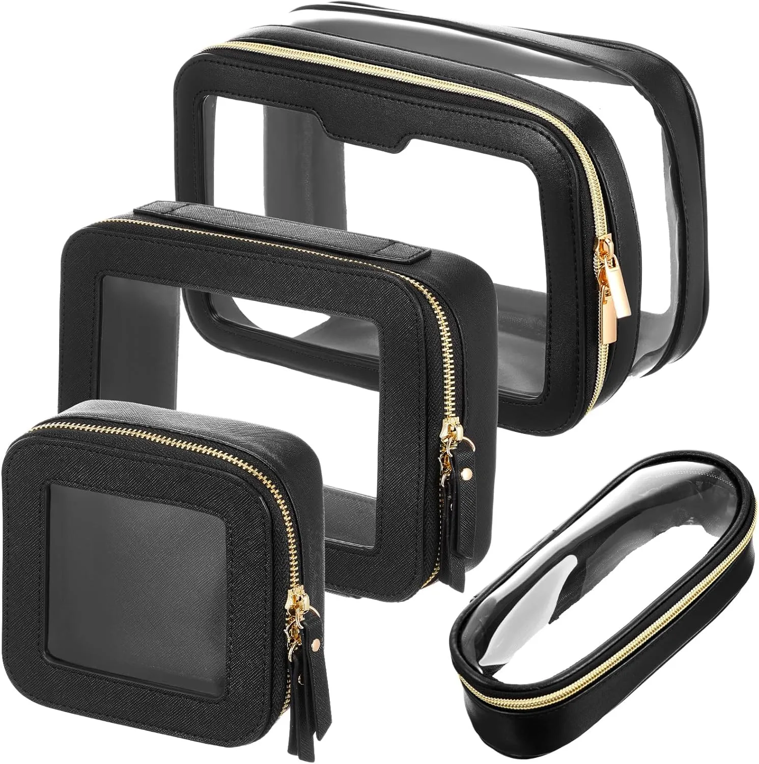 4 Pcs Clear Makeup Bags for Women Travel Cosmetic Case Leather Toiletry Bags Makeup Brush Case Waterproof White Organizer Storage for Women Men (Black)