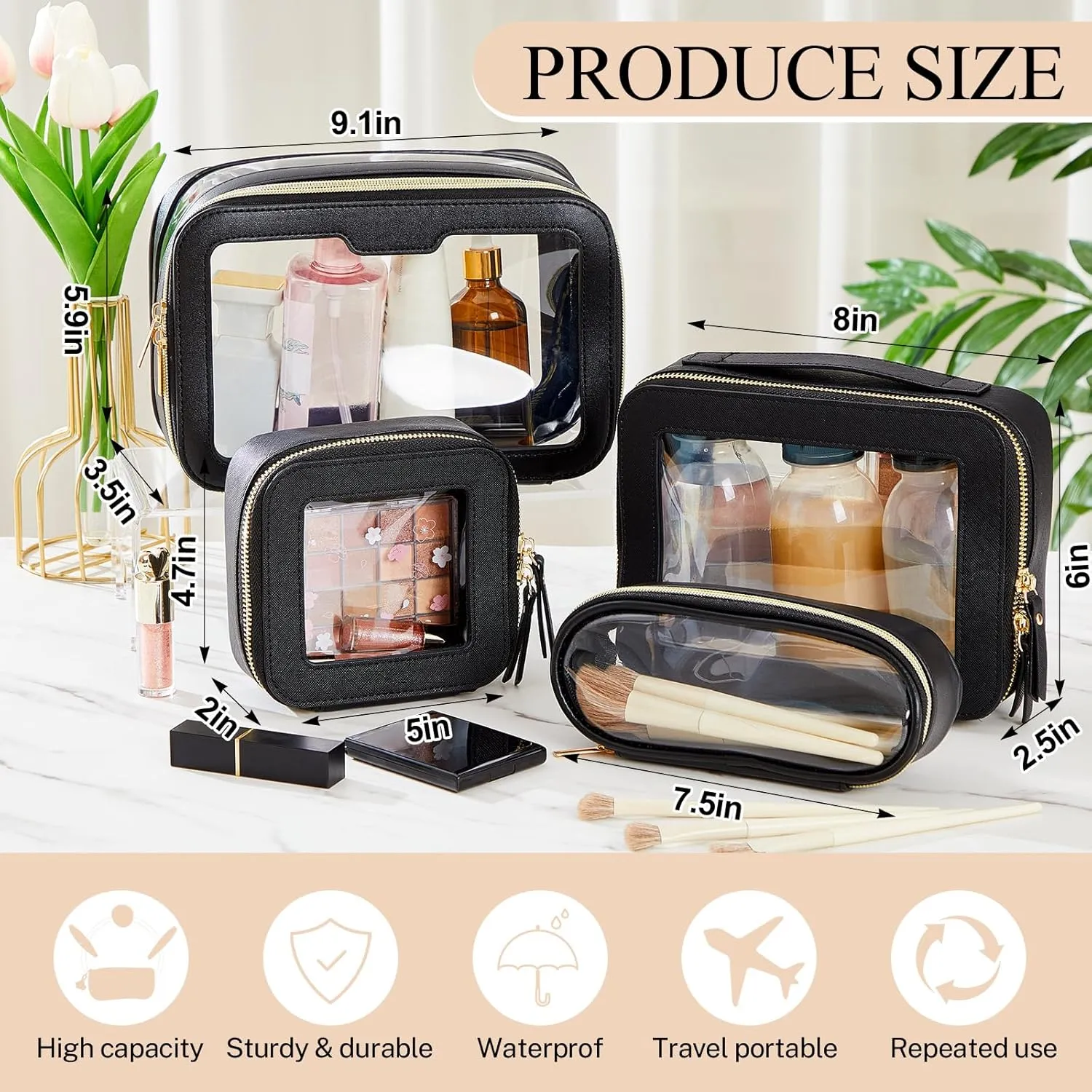 4 Pcs Clear Makeup Bags for Women Travel Cosmetic Case Leather Toiletry Bags Makeup Brush Case Waterproof White Organizer Storage for Women Men (Black)