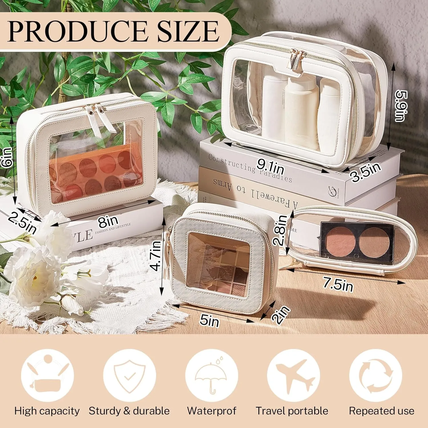 4 Pcs Clear Makeup Bags for Women Travel Cosmetic Case Leather Toiletry Bags Makeup Brush Case Waterproof White Organizer Storage for Women Men(White)
