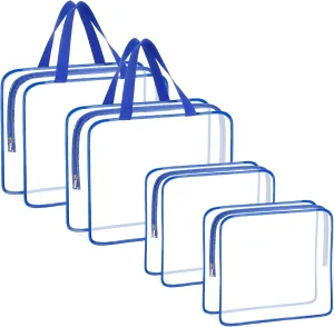 4-Piece Large Clear Makeup Cosmetic Bags, PVC Plastic Tote with Zipper Handle - Portable Travel Luggage Pouch (Blue)