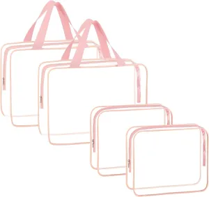 4-Piece Large Makeup Cosmetic Toiletry Bag - Clear Plastic PVC Tote Bags with Zipper Handle - Portable Travel Luggage Pouch - Airport Airline Vacation Organization (PINK)