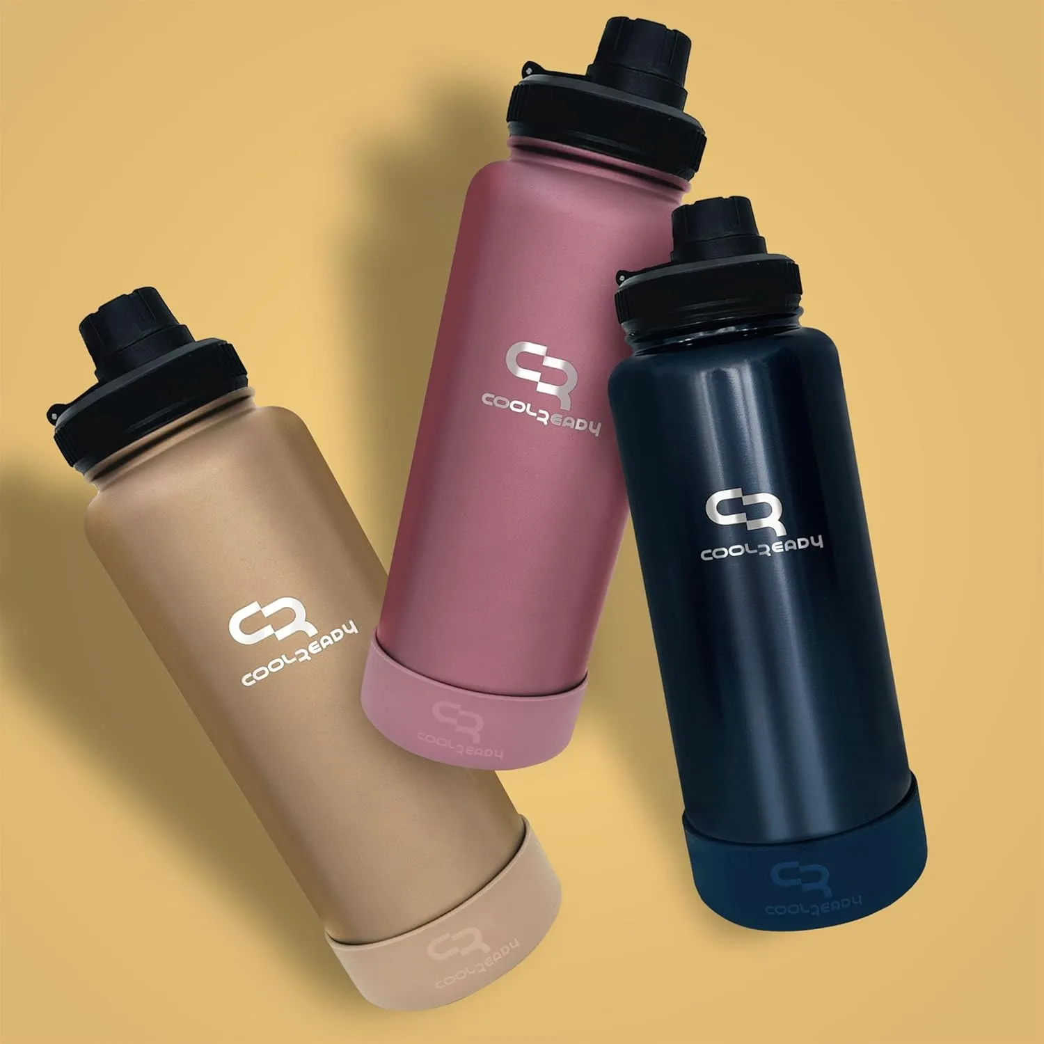 40oz Gold Double Walled Insulated Stainless Steel Water Bottle with Straw Lid, Chug Lid, Silicon Boot, Wide Mouth, Workout Bottle for Men and Women