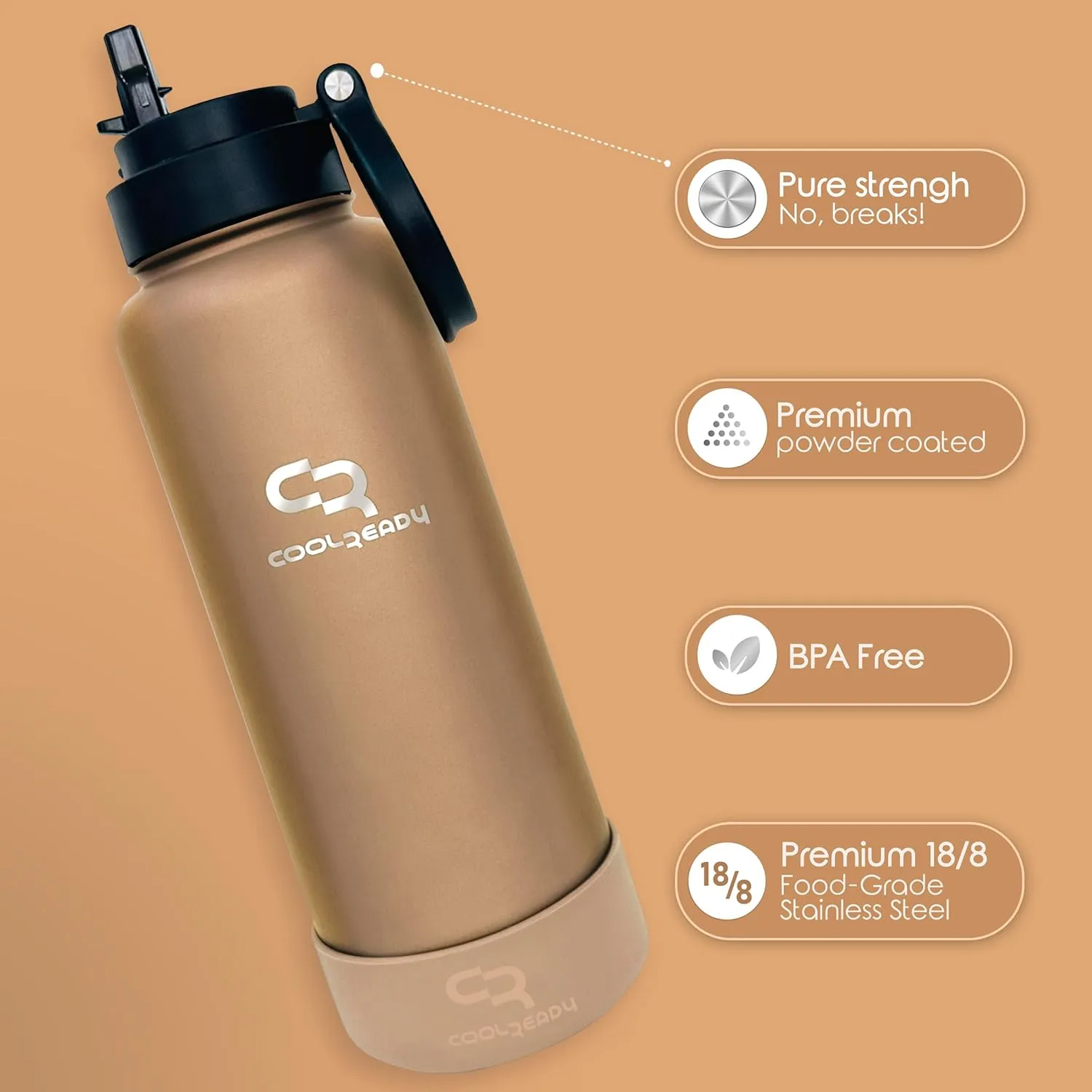 40oz Gold Double Walled Insulated Stainless Steel Water Bottle with Straw Lid, Chug Lid, Silicon Boot, Wide Mouth, Workout Bottle for Men and Women