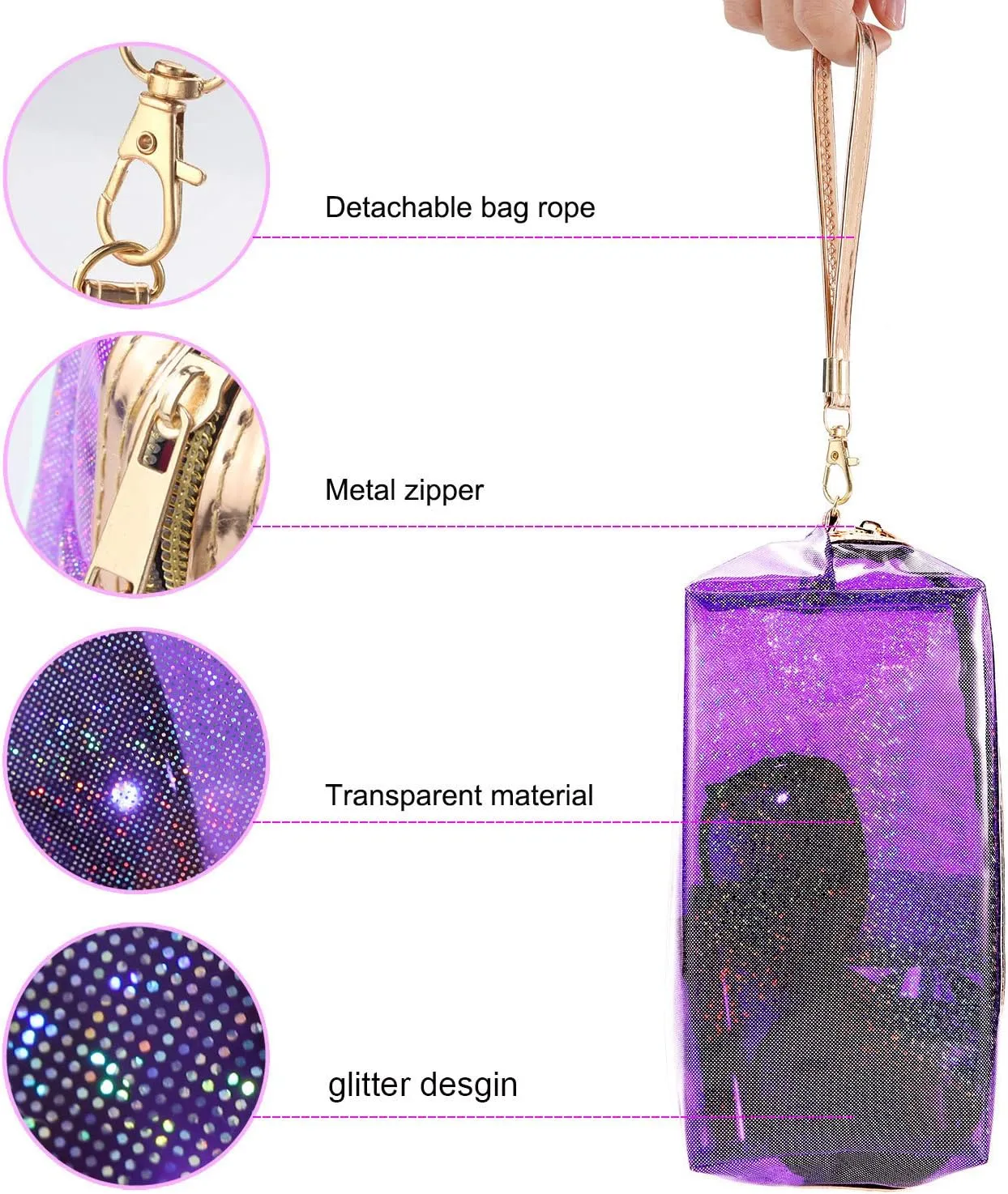 4Pcs Waterproof Cosmetic Bags PVC Transparent Zippered Toiletry Bag with Handle Strap Portable Clear Makeup Bag Pouch for Bathroom, Vacation and Organizing (black red purple yellow)