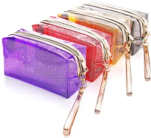4Pcs Waterproof Cosmetic Bags PVC Transparent Zippered Toiletry Bag with Handle Strap Portable Clear Makeup Bag Pouch for Bathroom, Vacation and Organizing (black red purple yellow)
