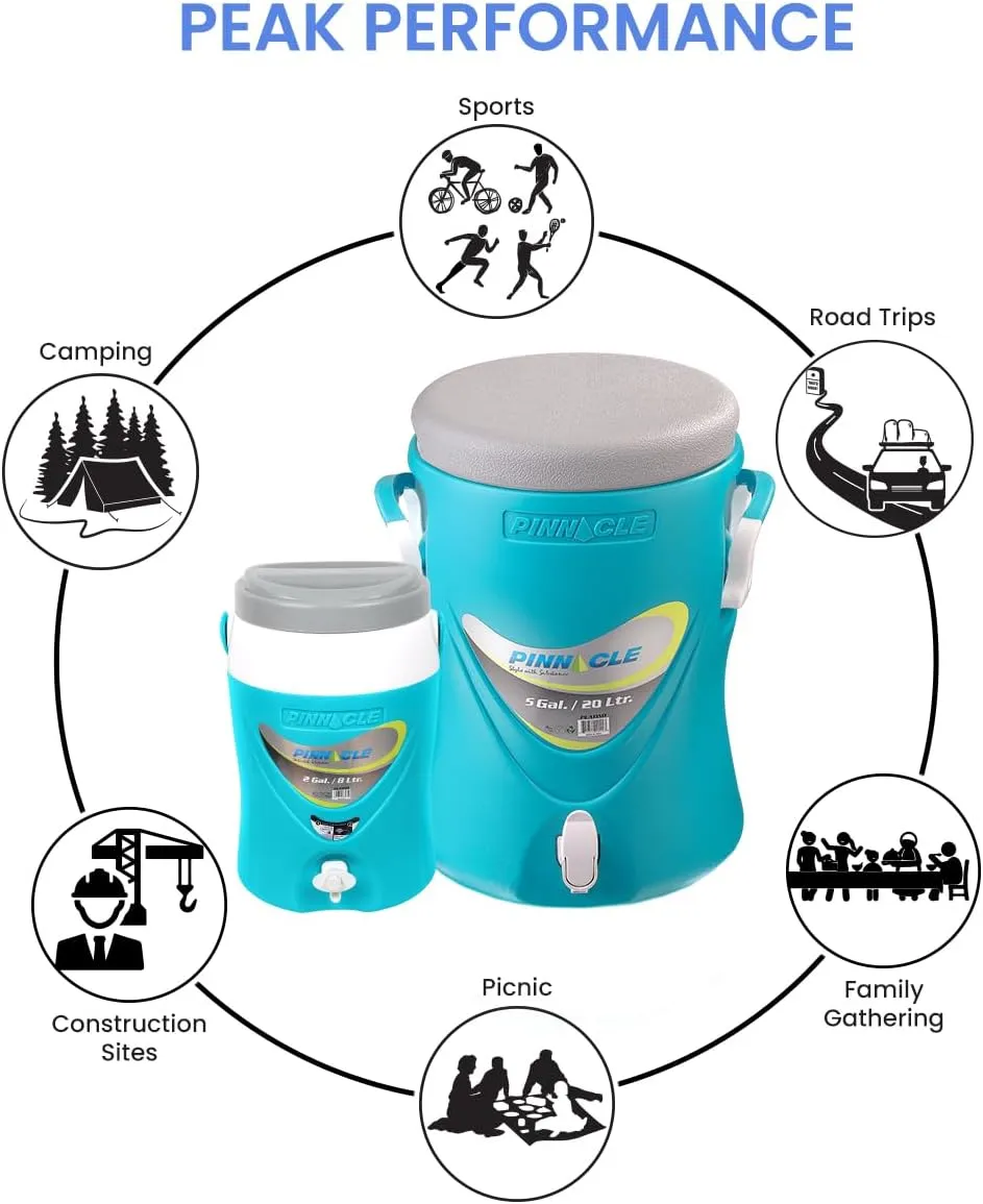 5-Gallon Water Jug and 2-Gallon Gallon Water Bottle Set – Insulated Beverage Cooler Dispenser with Pull Tap Spout – Leakproof and Portable Sports Water Jug – Ideal for Camping, Outdoor, Party, Sports