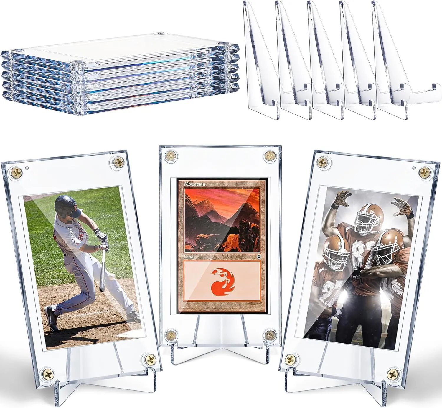 5 Piece Screw Trading Card Cases with Display Stands - Baseball Football Sports Card Holder and Protectors - Clear Storage and Display