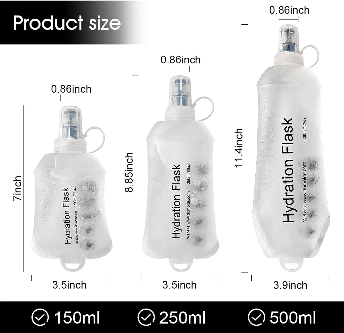 500ml Soft Flask, TPU Collapsible Soft Water Bottle for Hydration Pack, Running Vest, Folding Water Bottle for Hiking Cycling Climbing-2Pcs, White