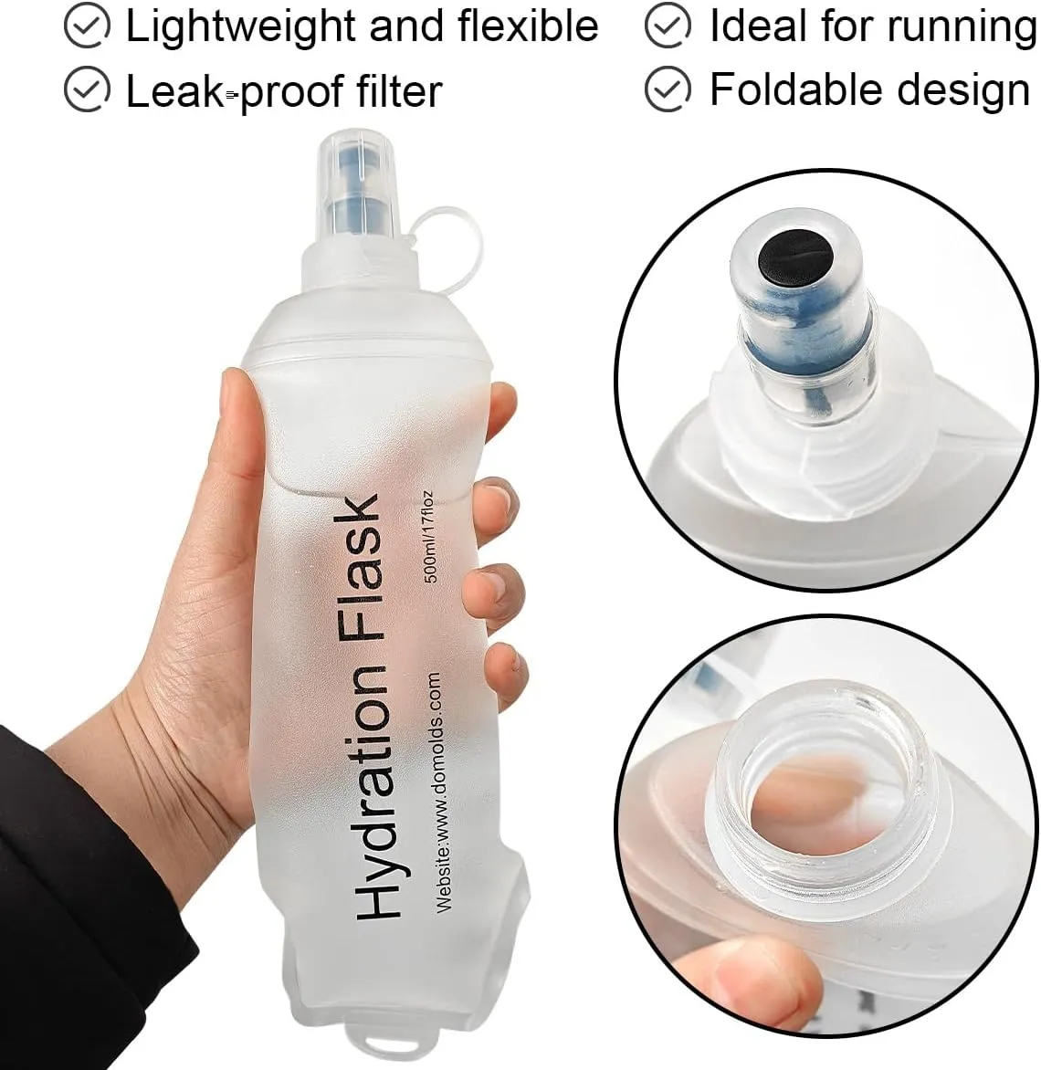 500ml Soft Flask, TPU Collapsible Soft Water Bottle for Hydration Pack, Running Vest, Folding Water Bottle for Hiking Cycling Climbing-2Pcs, White