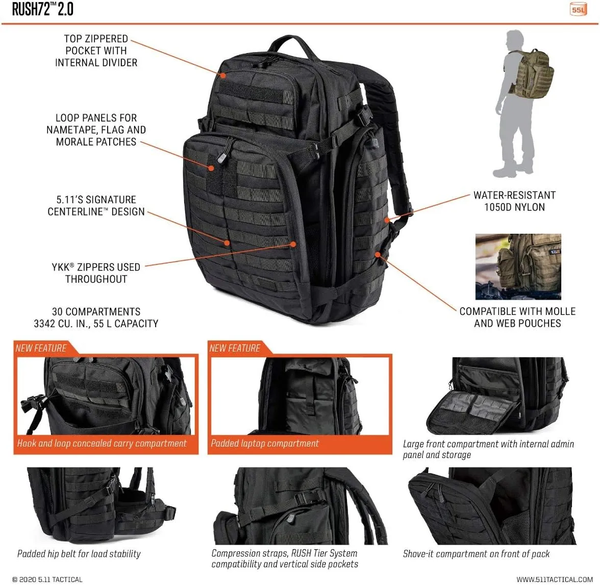 5.11 Tactical Backpack‚ Rush 72 2.0‚ Military Molle Pack, CCW with Multiple Compartments, 55 Liter, Large, Style 56565‚ Ranger Green