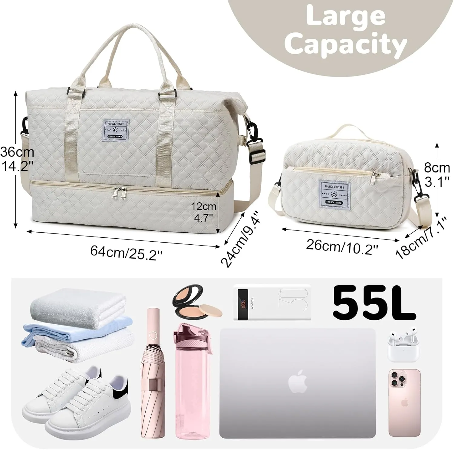 55L Large Women Travel Duffle Bag, Carry on Overnight Weekender Toto Bags with Wet Pocket Toiletry Shoe Compartment, Hospital Bag for Women Labor Delivery, White