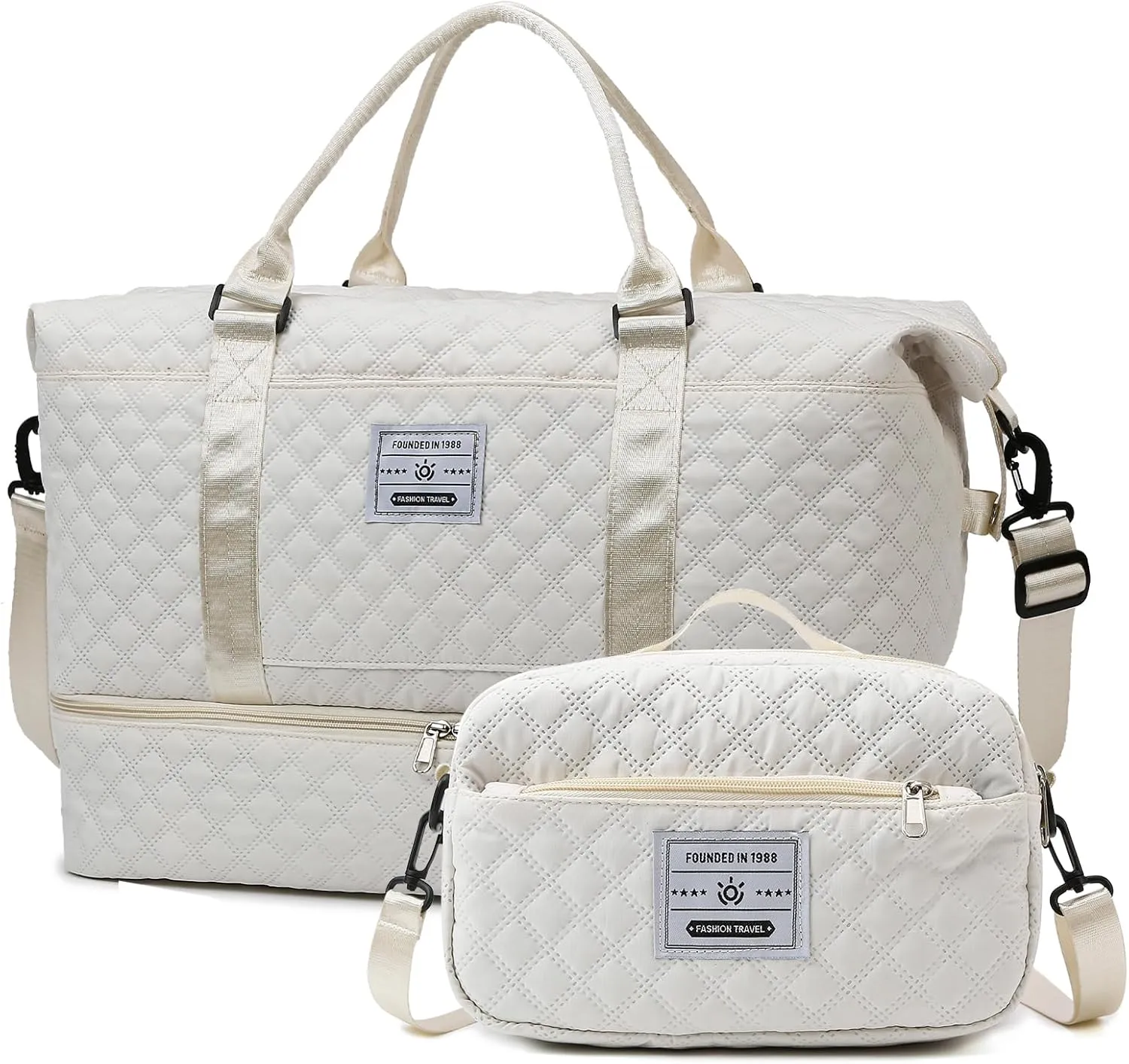 55L Large Women Travel Duffle Bag, Carry on Overnight Weekender Toto Bags with Wet Pocket Toiletry Shoe Compartment, Hospital Bag for Women Labor Delivery, White