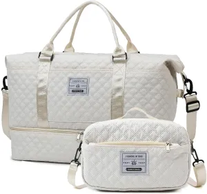 55L Large Women Travel Duffle Bag, Carry on Overnight Weekender Toto Bags with Wet Pocket Toiletry Shoe Compartment, Hospital Bag for Women Labor Delivery, White