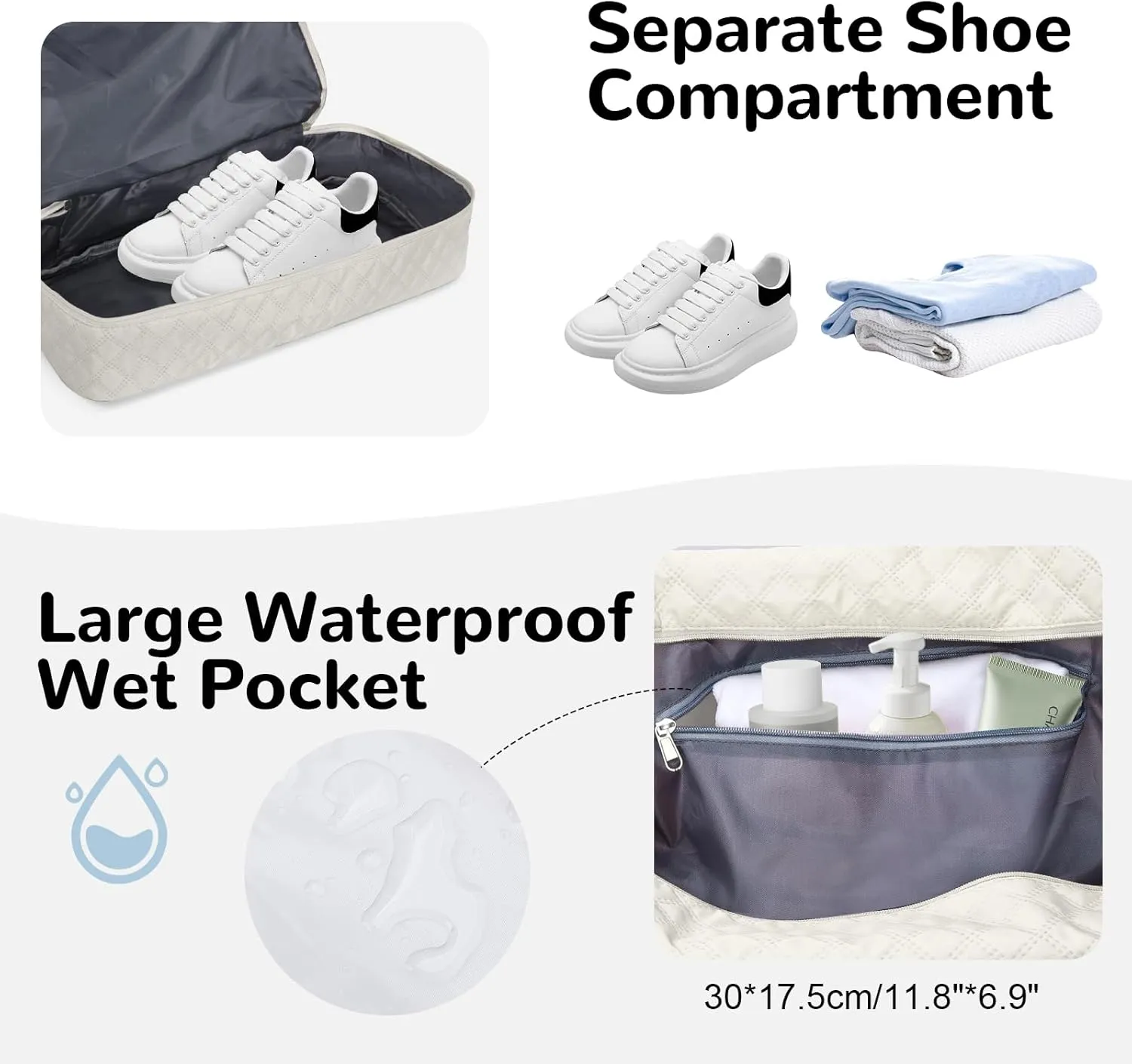 55L Large Women Travel Duffle Bag, Carry on Overnight Weekender Toto Bags with Wet Pocket Toiletry Shoe Compartment, Hospital Bag for Women Labor Delivery, White