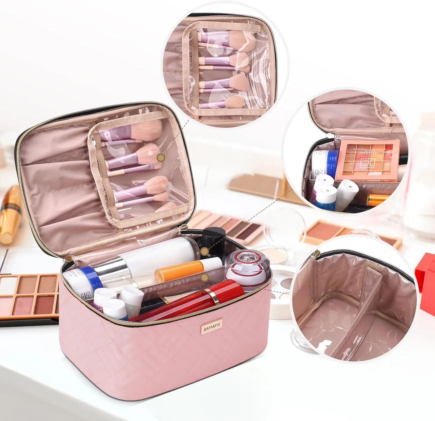 5L Travel Makeup Bag, Portable Cosmetic Bag for Women, Large Capacity Travel Toiletry Accessories Organizer case with Divider, Pink 1.34 GAL