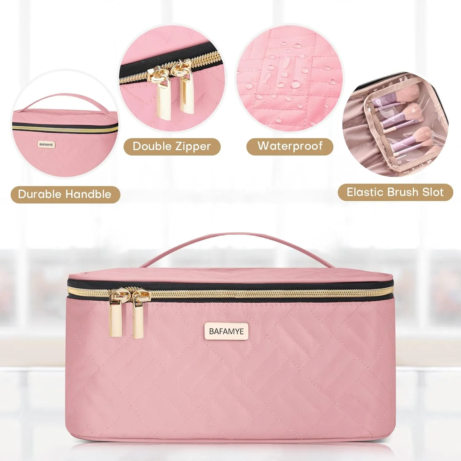 5L Travel Makeup Bag, Portable Cosmetic Bag for Women, Large Capacity Travel Toiletry Accessories Organizer case with Divider, Pink 1.34 GAL