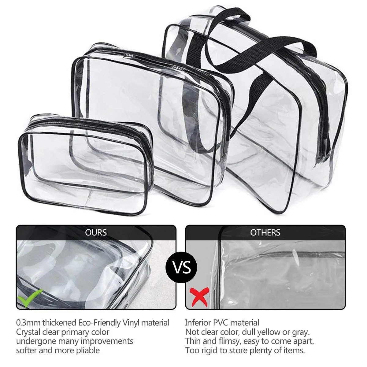5Pcs Crystal Clear PVC Travel Toiletry Bag Kit for Women Men, Waterproof Vinyl Packing Organizer Storage Bags with Zipper Handle Straps, Cosmetic Pouch Carry on Airport Airline Compliant Bag Handbag