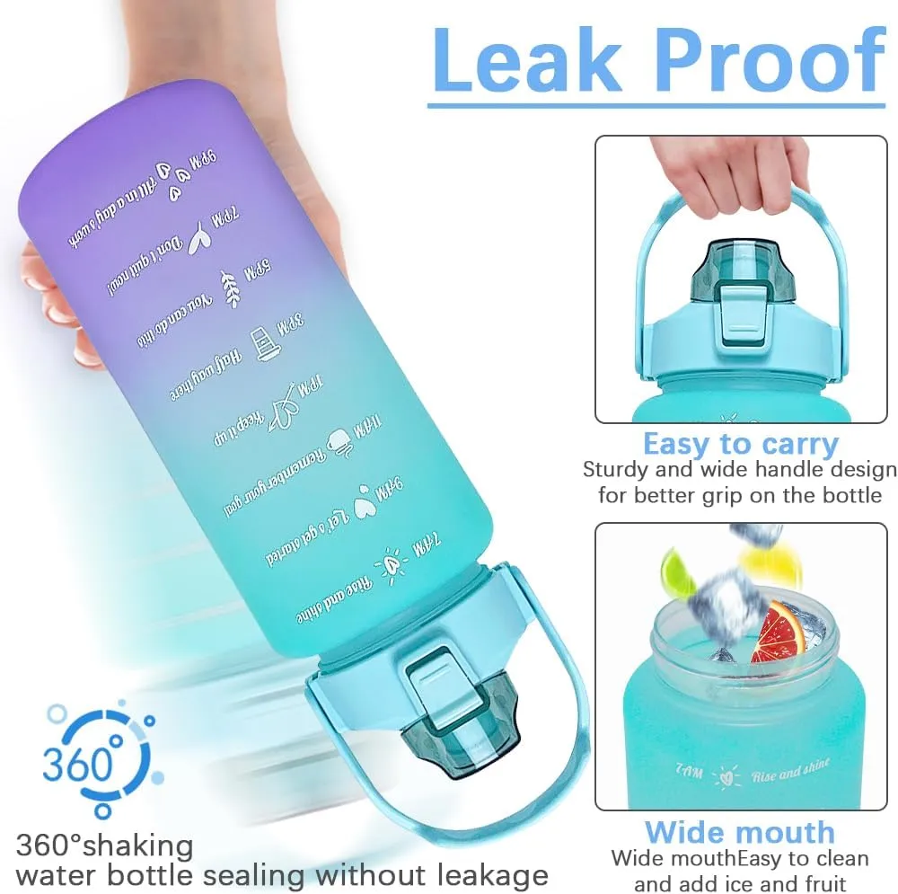 64 oz Large Capacity Water Bottle with Motivational Time Markers and Straw, Portable, Leakproof, BPA Free for Fitness, Gym and Outdoor Sports. (green gradient)