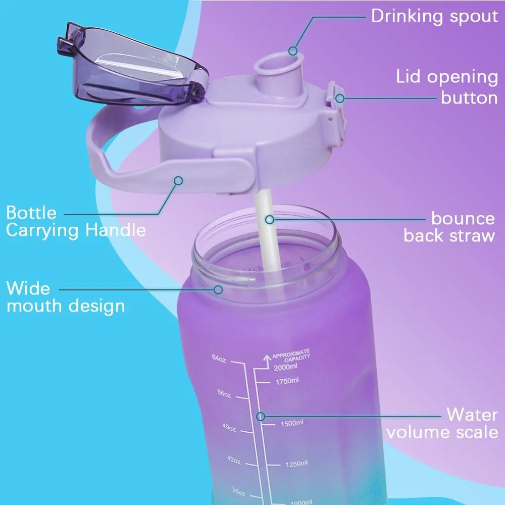 64 oz Large Capacity Water Bottle with Motivational Time Markers and Straw, Portable, Leakproof, BPA Free for Fitness, Gym and Outdoor Sports. (green gradient)
