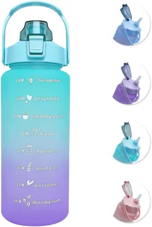 64 oz Large Capacity Water Bottle with Motivational Time Markers and Straw, Portable, Leakproof, BPA Free for Fitness, Gym and Outdoor Sports. (green gradient)