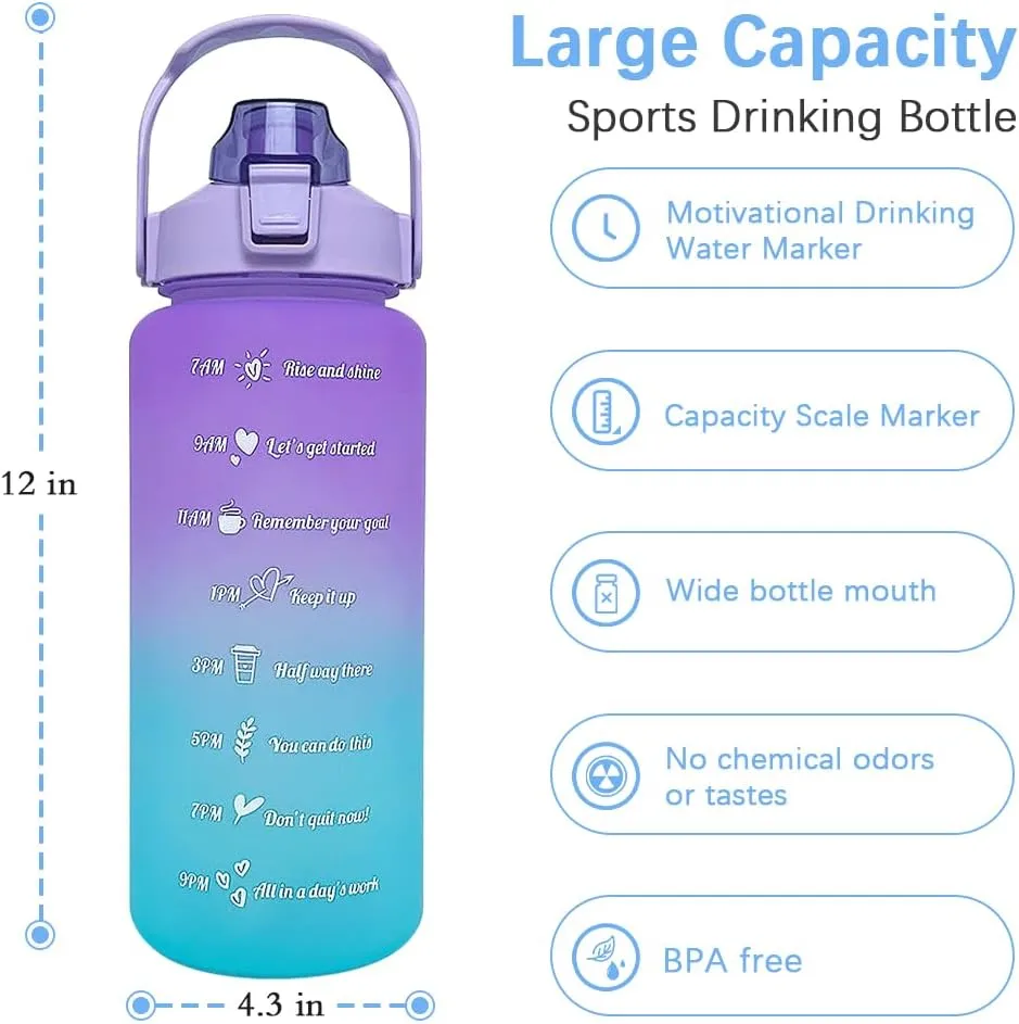 64 oz Large Capacity Water Bottle with Motivational Time Markers and Straw, Portable, Leakproof, BPA Free for Fitness, Gym and Outdoor Sports. (purple gradient)