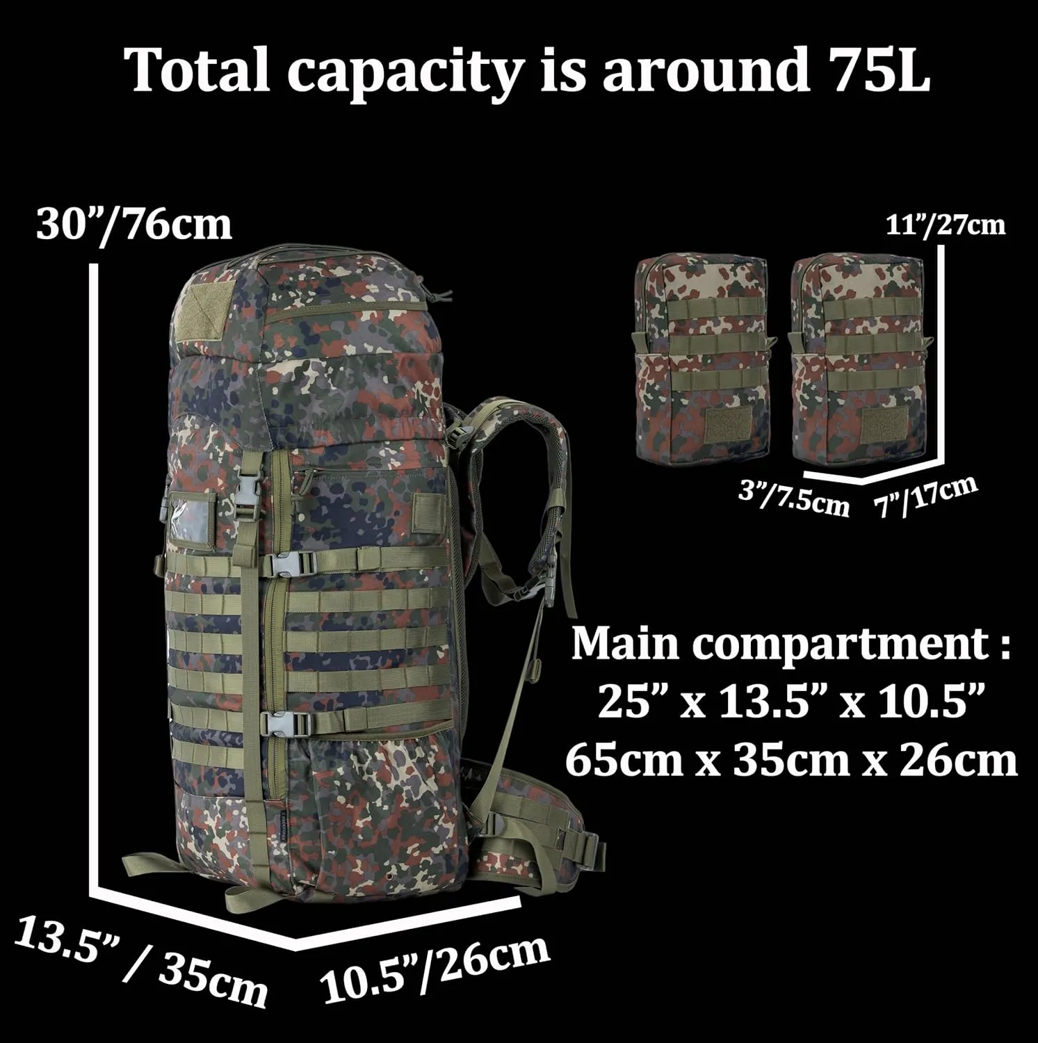75L Tactical Backpack with Internal Frame, MOLLE, and Hydration System