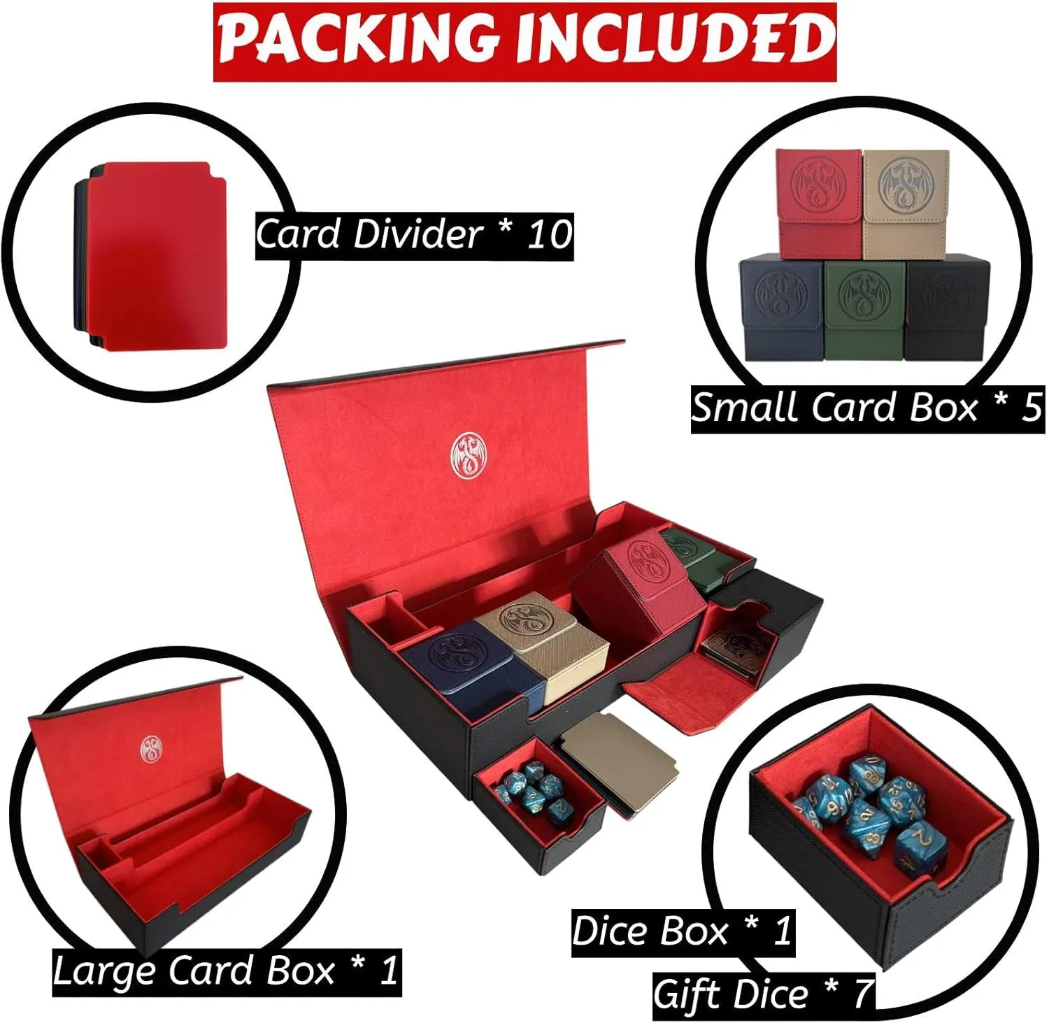 8 in 1 Deck Box Set,for 2400  Unsleeved Cards,including Premium XLarge Trading Card Storage Box,5 PCS Deck Case,Gift Dice and Card Divider,Compatible with MTG/TCG/Commander/Magic (Black & Red Set)