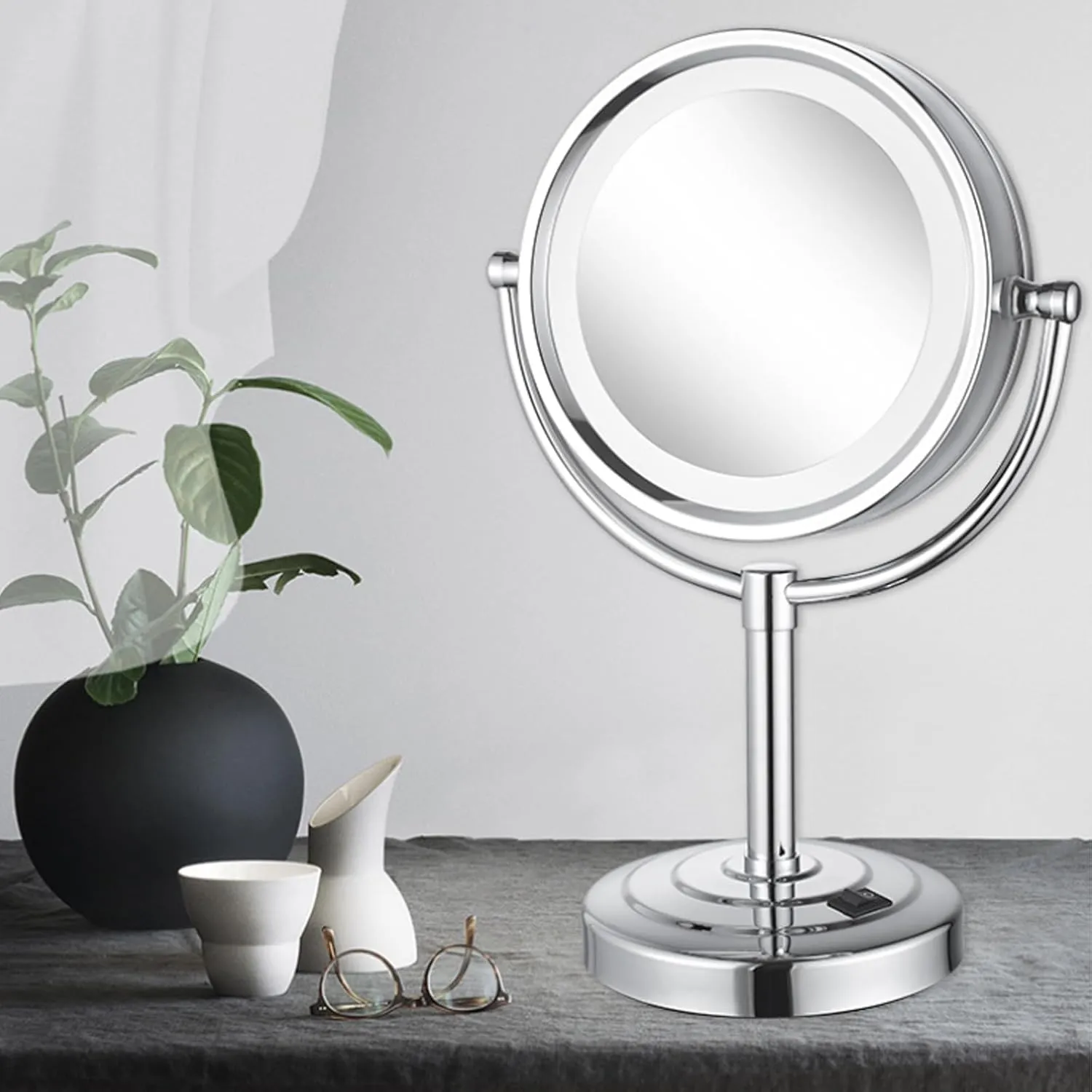 8 Inch Tabletop LED Lighted Makeup Mirror, Double Side Rotation Beauty Cosmetic Mirror, Magnification HD Shaving Mirror, Countertop Standing Vanity Mirror, 360° Rotation Illuminated Cosmetic Mirror