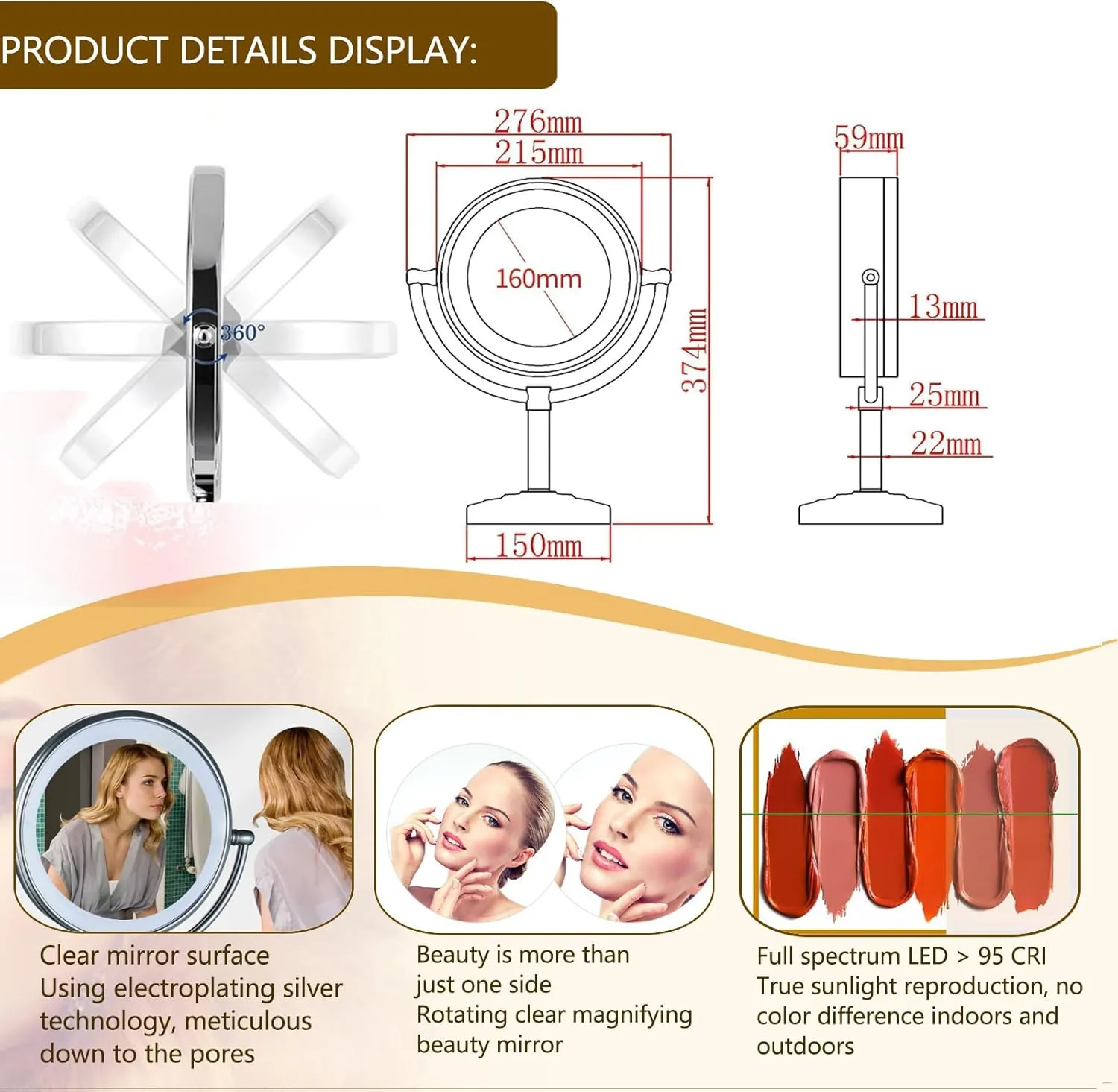 8 Inch Tabletop LED Lighted Makeup Mirror, Double Side Rotation Beauty Cosmetic Mirror, Magnification HD Shaving Mirror, Countertop Standing Vanity Mirror, 360° Rotation Illuminated Cosmetic Mirror