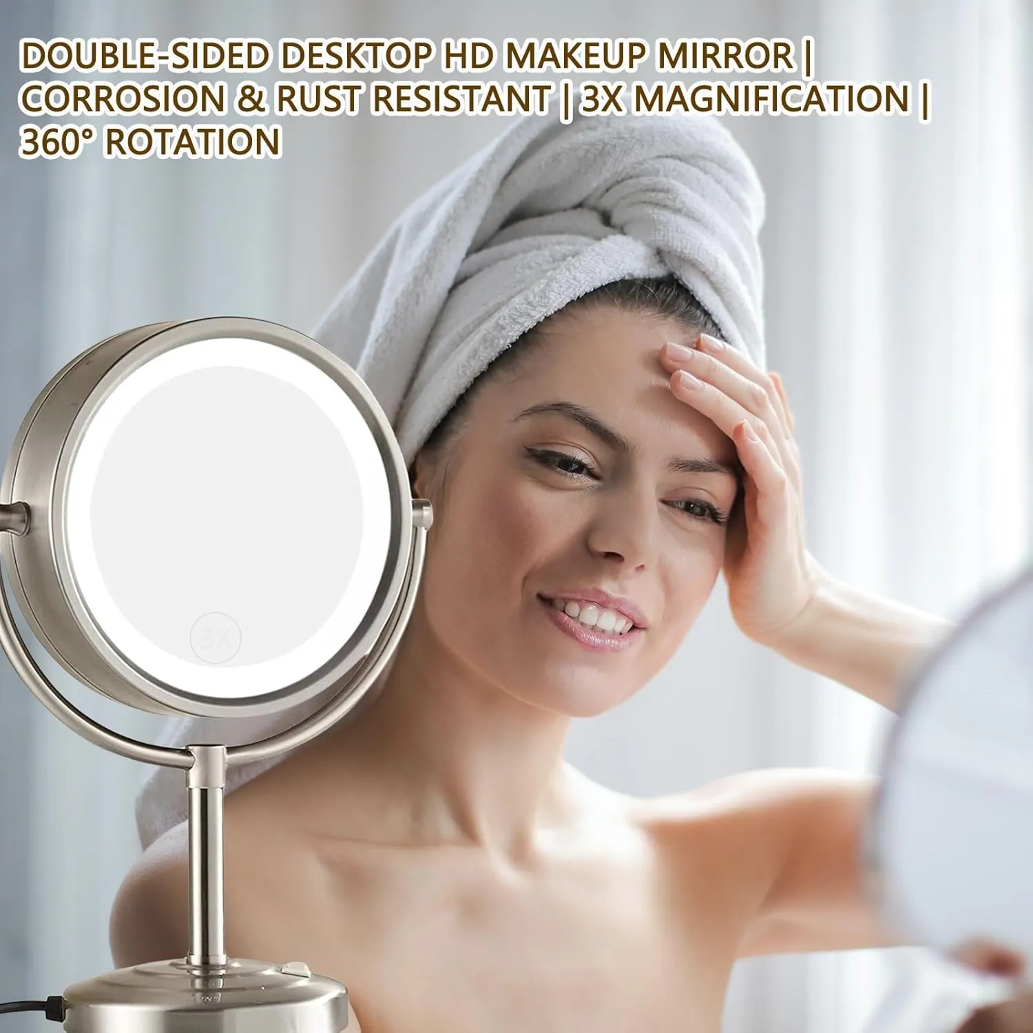 8 Inch Tabletop LED Lighted Makeup Mirror, Double Side Rotation Beauty Cosmetic Mirror, Magnification HD Shaving Mirror, Countertop Standing Vanity Mirror, 360° Rotation Illuminated Cosmetic Mirror