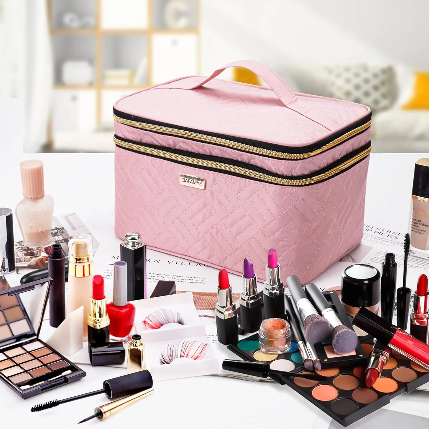 8.8L Double Layer Travel Makeup Bag With Mirror For Women, Large Cosmetic Case, Organizer for Travel-Size Accessories Bottles, Brushes,and Skin Care Products, 2.33 GAL, Pink