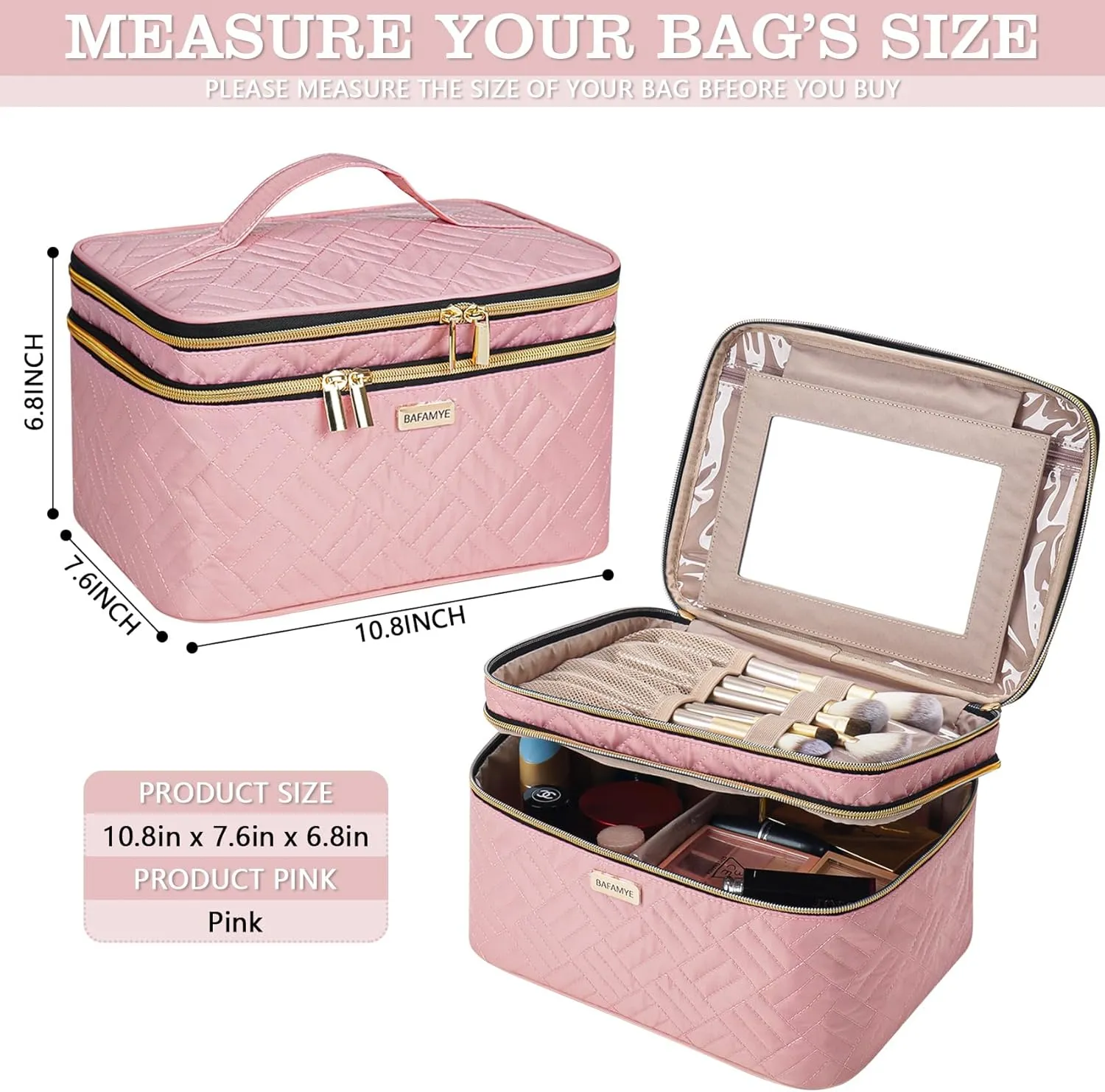 8.8L Double Layer Travel Makeup Bag With Mirror For Women, Large Cosmetic Case, Organizer for Travel-Size Accessories Bottles, Brushes,and Skin Care Products, 2.33 GAL, Pink