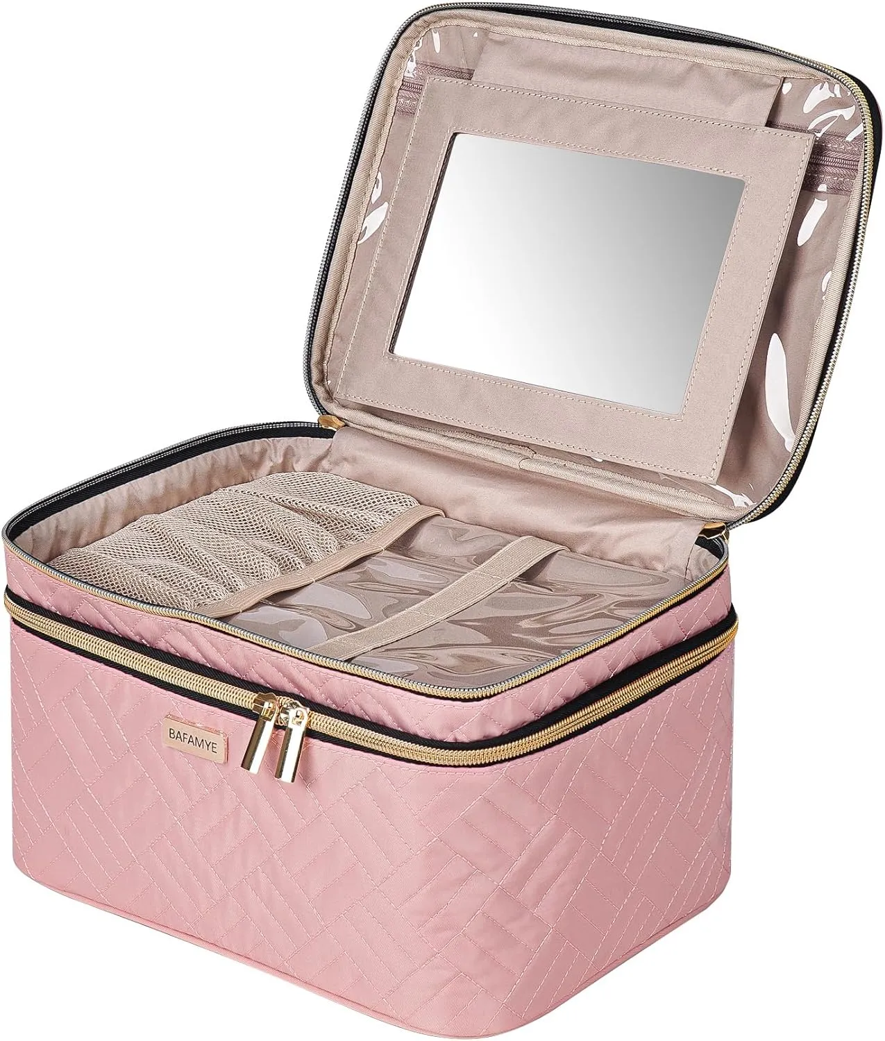 8.8L Double Layer Travel Makeup Bag With Mirror For Women, Large Cosmetic Case, Organizer for Travel-Size Accessories Bottles, Brushes,and Skin Care Products, 2.33 GAL, Pink