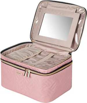 8.8L Double Layer Travel Makeup Bag With Mirror For Women, Large Cosmetic Case, Organizer for Travel-Size Accessories Bottles, Brushes,and Skin Care Products, 2.33 GAL, Pink